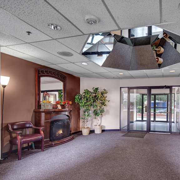 lobby here at silver ridge apartments with a cozy and inviting feel, featuring a dark wooden fireplace with a mirror above it, two potted plants, a bookshelf full of books, and seating.