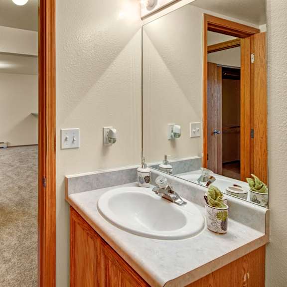 small bathroom here at strawberry lane apartments showing a sink with a mirror reflecting an adjacent room. open shelving with towels and decor is visible to the left. warm, inviting tones.
