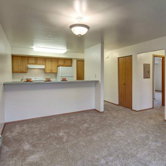 open-plan apartment interior here at strawberry lane apartments with beige carpet, white walls, and ceiling light. kitchen features wooden cabinets, stove, and fridge. doorway leads to another room.