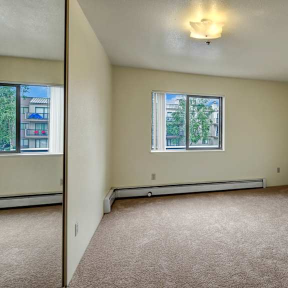 empty bedroom here at susitna ridge apartments with beige carpet, cream walls, and a ceiling light. a window reveals green trees outside. the space looks clean and inviting.