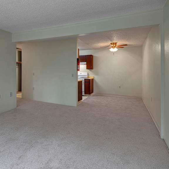 simple, empty living room with light gray carpet, pale green walls, and a small kitchen in the back. warm, neutral lighting gives a cozy feel.