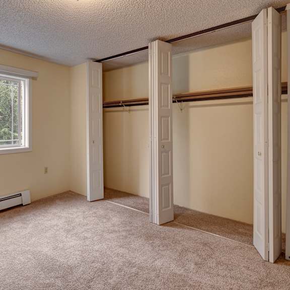 empty carpeted bedroom here at taiga apartments with a large open closet featuring white folding doors. a window with blinds is on the left, revealing greenery outside. neutral tones.
