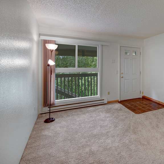 empty bedroom here at terrace on the lake apartments with beige carpet, white walls, and a ceiling light. a large window with a view of trees is on the left, next to a white door.