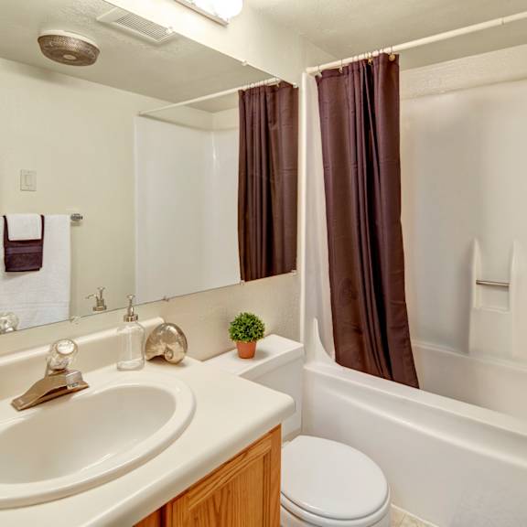 compact bathroom terrace on the lake apartments with beige walls features a white sink, wooden cabinet, brown shower curtain, and small green plant. mood is tidy and simple.