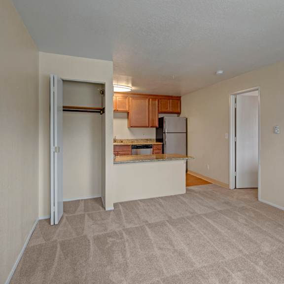 compact apartment interior here at the club at eagle pointe apartments with beige walls and carpet. features a small kitchen with wooden cabinets, stainless steel appliances, and a closet on the left.