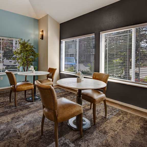cozy lounge here at the highlands luxury apartments with two small round tables and brown leather chairs on an earth-tone rug. large windows offer natural light and a view of greenery.