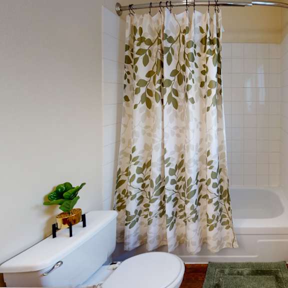 small bathroom here at the village at calais apartments with a white toilet topped with a plant, a green-and-white leaf-patterned shower curtain, and a window. a towel hangs on a rail.