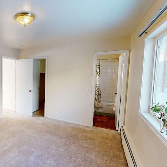 empty bedroom here at the village at calais apartments with beige carpet, cream walls, and a ceiling light. open doors reveal a closet and a bathroom with a white tiled shower curtain. a large window adds brightness.