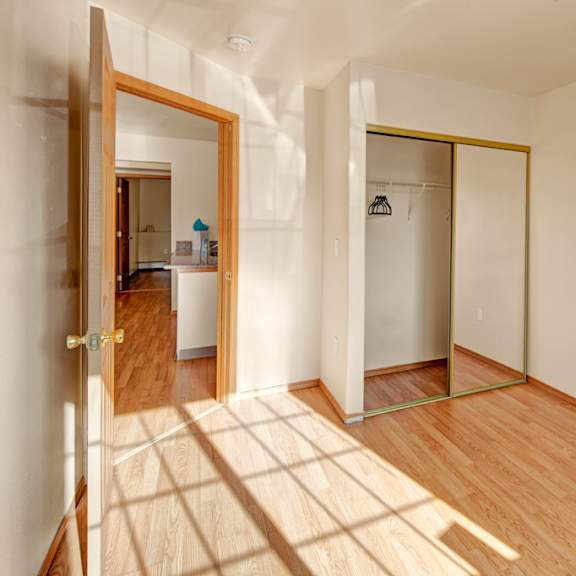 empty, sunlit bedroom here at timber ridge apartments with light wood floor, beige walls, and mirrored sliding closet doors. open door reveals an adjacent hallway.