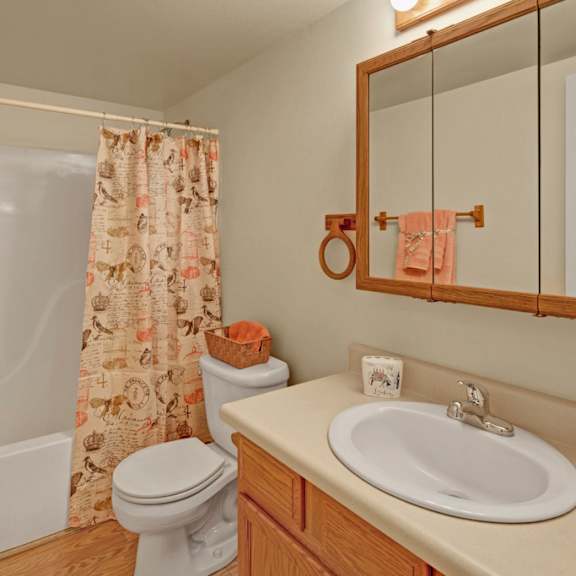 compact bathroom here at timber ridge apartments with a wooden vanity, white sink, and mirror. shower with a patterned curtain on the left. peach towels add a warm touch.