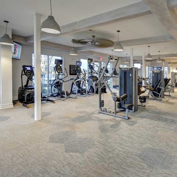 a fitness center here at alden at cedar park with cardio machines, weight equipment, gray flooring, large windows, and bright ceiling lights in a spacious open workout area.