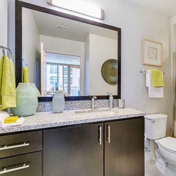 a spacious bathroom here at victory place with a toilet, sink, and a shower. the bathroom cabinets are polished in a dark-wood finish creating a modern, clean look to the space.