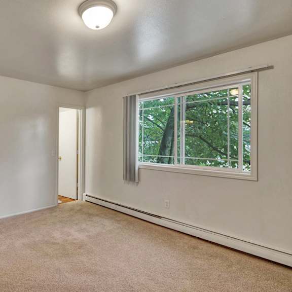 an empty bedroom here at the village at calais apartments with beige carpet, white walls, and a window with vertical blinds showing green foliage outside. open doors reveal a closet and another room.