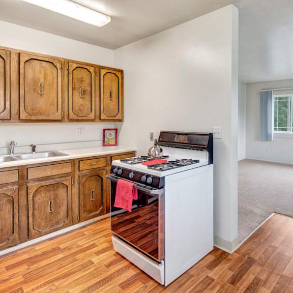 compact kitchen here at the village at calais apartments with wood cabinets, white stove, and a red towel, opens to a carpeted living room with large window showing lush greenery. bright and cozy.