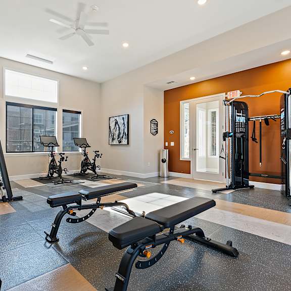 a modern fitness center here at autumn haus showcasing rubberized flooring with designated workout zones, a full rack of free weights with adjustable benches, strength training machines, stationary bikes positioned near large windows, an accent wall with mounted equipment, bright recessed lighting, ceiling fans, and an open layout designed for a comfortable and well-lit workout experience.