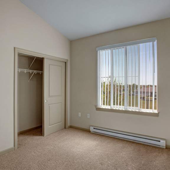 a bright bedroom here at the vintage with soft beige carpet, light neutral walls, and a window with vertical blinds bringing in natural light. a spacious closet with sliding doors and built-in shelving provides convenient storage.