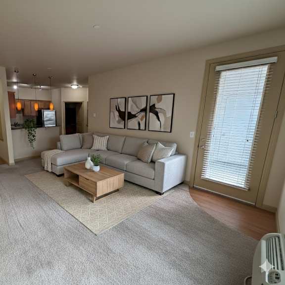 a spacious living room here at the vintage with soft beige carpet, warm neutral walls, and a light gray sectional sofa with accent pillows. a wooden coffee table sits on a patterned rug, while a glass door with blinds leads outside.