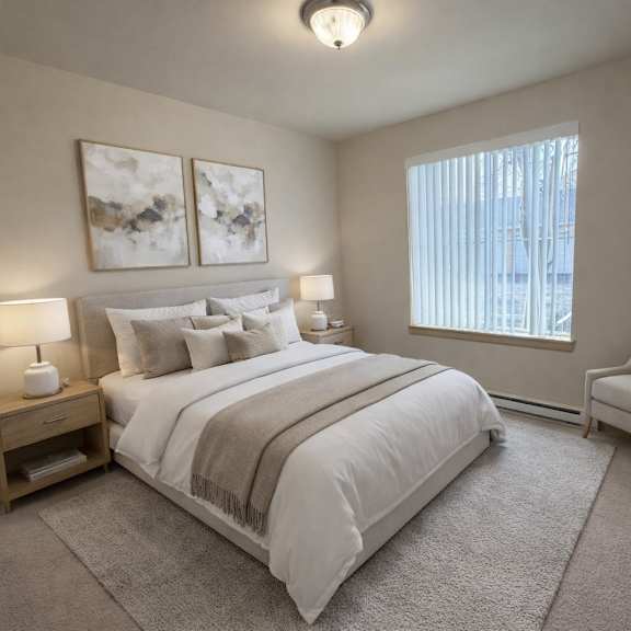 a bright bedroom here at the vintage with soft beige carpet, light neutral walls, and a large window with vertical blinds bringing in natural light. a bed with white bedding and neutral pillows sits beside wooden nightstands with matching lamps.
