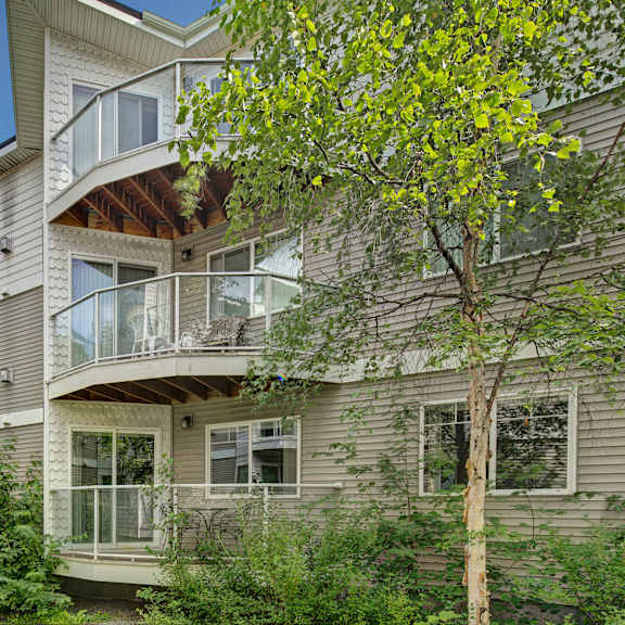 admirals cove three-story apartment building with balconies, surrounded by lush green trees and bushes. bright, sunny day with a clear blue sky, conveying tranquility.