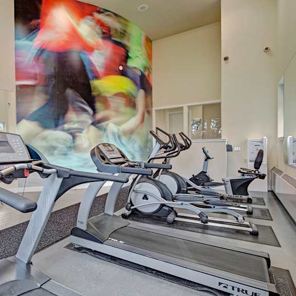 modern gym interior with treadmills, elliptical machines, and a blurred mural of colorful motion. a wall-mounted tv and large mirrors create a spacious feel. located at the alpine apartments.