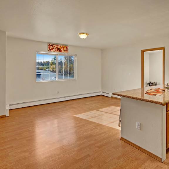 spacious room with wooden floor, a large window, and a kitchen counter. warm sunlight creates a cozy feel. decorations include a floral arrangement. amber ridge apartments.