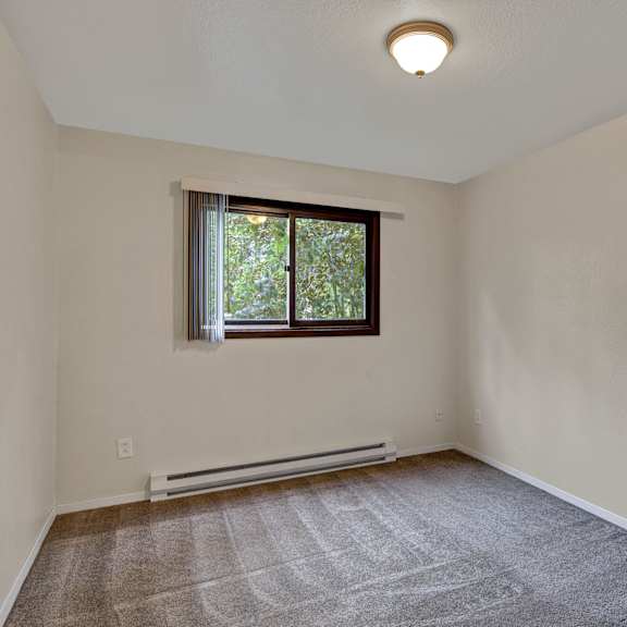 empty bedroom with beige walls, gray carpet, and a small window with white blinds. sunlight filters through leaves outside, creating a calm atmosphere. arbor ridge apartments.