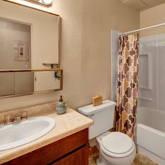 a small bathroom with beige walls, a countertop sink, toilet, and a bathtub with a patterned shower curtain. a mirror and towel add a cozy touch. arctic sun apartments.