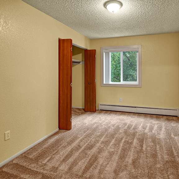 empty bedroom with yellow walls, beige carpet, and a single window showing greenery. there’s an open closet with wooden doors on the left. cozy and simple. arctic sun apartments.