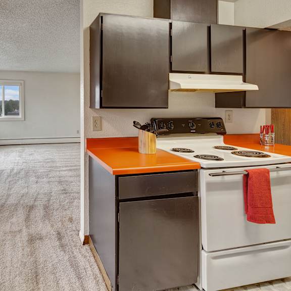 empty living room with beige carpet, large windows, and a doorway leading to a kitchen. kitchen has orange counters, dark cabinets, and a white stove. arctic sun apartments.