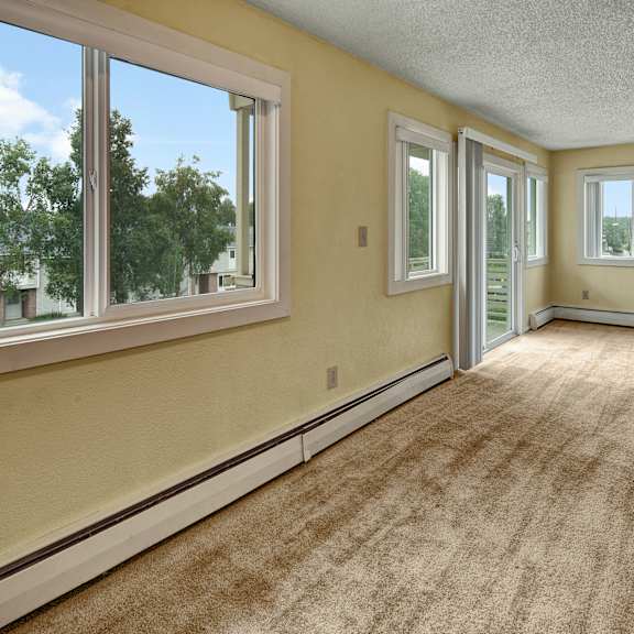 bright, empty room with beige carpet, large windows, and glass sliding doors. sunlight streams in, revealing green trees outside. calm and airy atmosphere. arctic sun apartments.