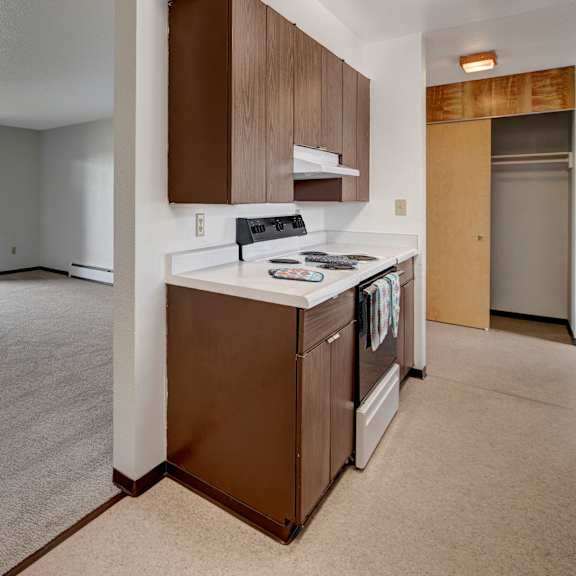 small kitchen here at bay arms apartments and empty living room with beige carpet. kitchen features dark wood cabinets and an electric stove. large sliding glass doors lead outside, creating a bright, open atmosphere.