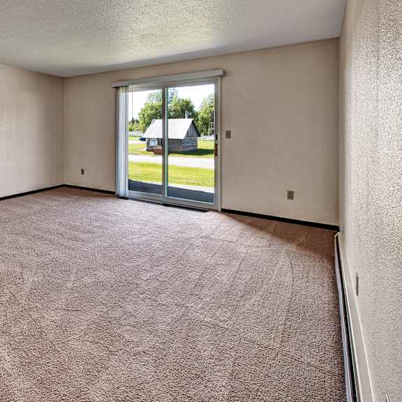 empty living room here at bay arms apartments with light brown carpet and beige walls, featuring a large sliding glass door opening to a grassy yard. sunlight illuminates the space.