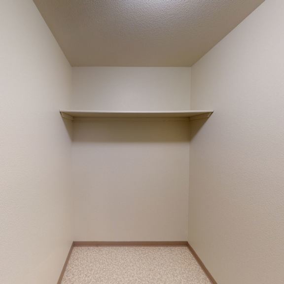 empty beige closet here at birchwood homes apartments with a single overhead shelf, beige walls, and a textured beige floor. the space conveys simplicity and potential for organization.