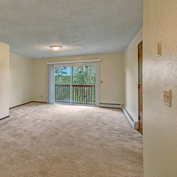 spacious empty living room here at brighton woods apartments with beige carpet, cream walls, a central ceiling light, and sliding glass doors leading to a balcony with a green view.