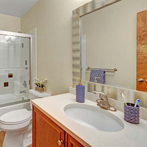 modern bathroom here at century plaza with a white bathtub and glass doors. the vanity has a silver faucet, a large mirror, and blue patterned toothbrush holder and soap dispenser.