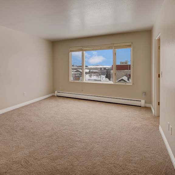 a living room here at  century plaza with beige walls and carpet, a large window offering a snowy urban view, and wooden flooring at the entrance, conveying a neutral, spacious tone.