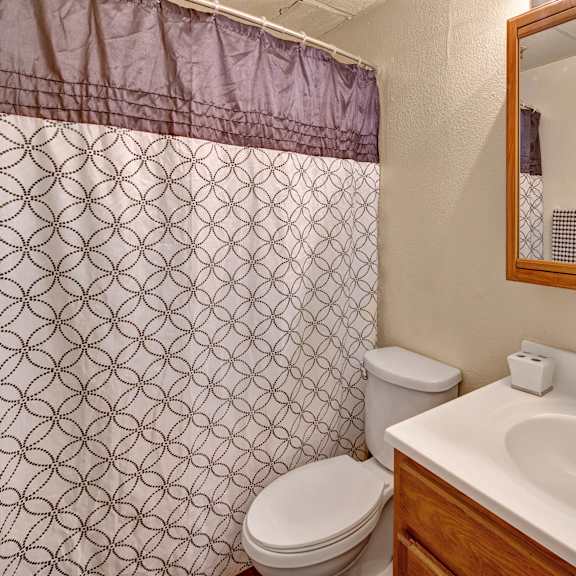 small bathroom here at college view apartments with beige walls featuring a shower curtain with circular patterns, a white toilet, a wooden vanity with a sink, and a mirrored cabinet.