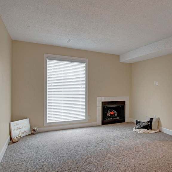 a minimal living room here at 3600 brentwood apartment homes with beige walls, carpeted floor, a central fireplace, and large windows with vertical blinds, creating a cozy, serene atmosphere.