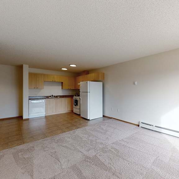 empty apartment here at birch terrace apartment homes with beige carpet, white walls, and an open kitchen. the kitchen has light wood cabinets, a stove, dishwasher, and fridge. sunlight streams in, creating a warm, welcoming feel.