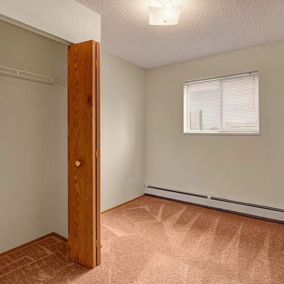 empty bedroom here at birch terrace apartment homes with beige walls, a single window with blinds, and brown carpet. open wooden closet door on the left adds a warm tone to the space.