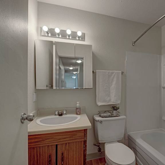 a small bathroom here at cedar gardens apartment homes with a wooden vanity, oval sink, and mirror cabinet. it includes a toilet, a white towel hanging, and a tub with a shower curtain rod. bright lighting creates a clean and cozy atmosphere.