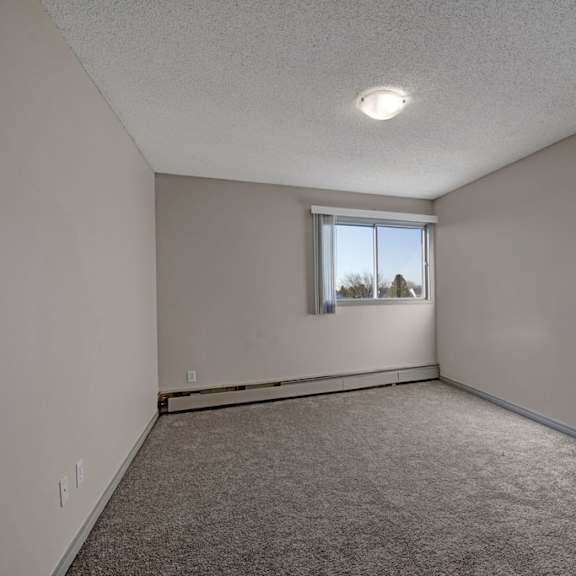 empty bedroom here at cedar gardens apartment homes with beige walls, gray carpet, and a small window on the far wall with blinds. ceiling light creates a soft, neutral atmosphere.