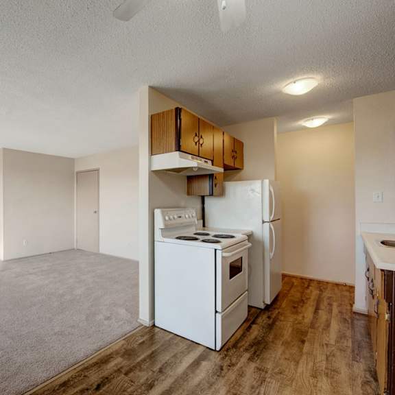open-plan apartment here at cedar gardens apartment homes with beige walls, featuring a small kitchen with wooden cabinets and white appliances. carpeted living area on the left. cozy, simple ambiance.