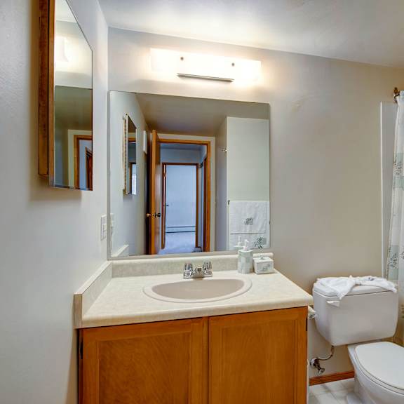 simple bathroom here at gateway square apartment homes with a wood cabinet sink, large mirror, white toilet, and a tub with a shower curtain. neutral tones create a clean and calm vibe.