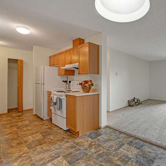 modern open-plan apartment here at sol terrace apartment homes with brown tile kitchen, oak cabinets, and carpeted living area. sliding glass doors lead to a bright, grassy yard.