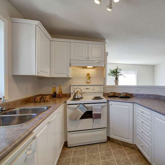 bright kitchen here at somerset pointe apartment homes with white cabinets and a beige countertop. features a stove with a kettle and striped towels. a window and a plant add a cozy touch.