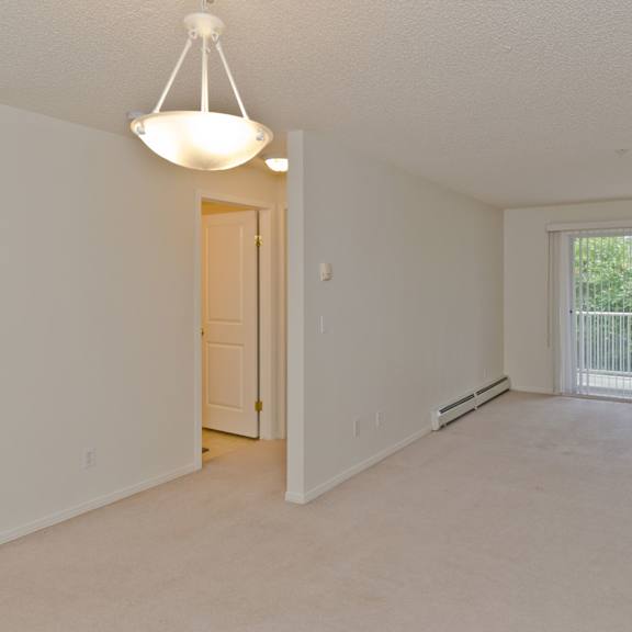 spacious living room here at somerset pointe apartment homes with beige carpet, a white ceiling light, and sliding glass doors leading to a balcony. soft, natural light fills the room.