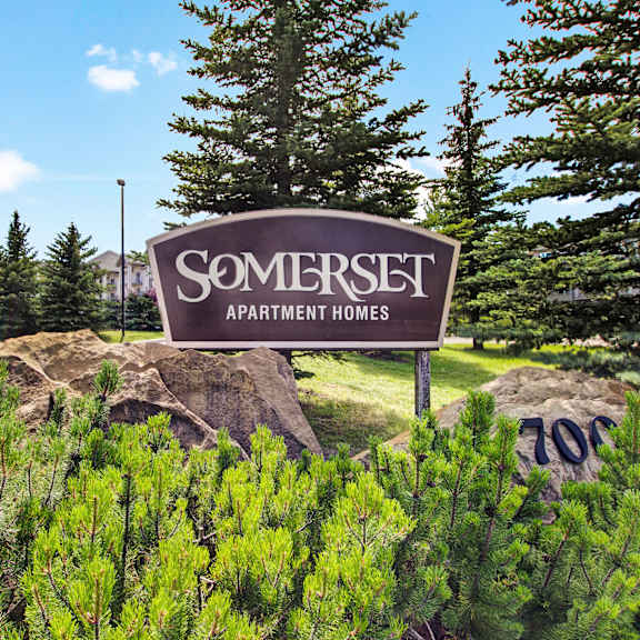 sign for "somerset apartment homes" set against a backdrop of lush greenery and pine trees, with buildings visible under a clear blue sky.