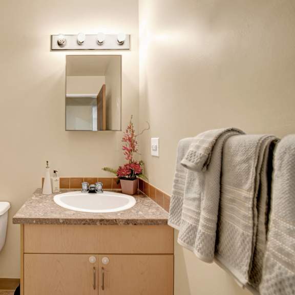small bathroom here at sterling place apartment homes with beige walls, featuring a vanity with a marble countertop, mirror, and overhead lights. towels hang on a rack, floral decor, and a patterned shower curtain add accents.
