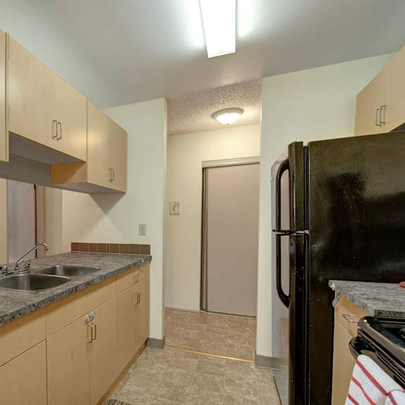compact kitchen here at sterling place apartment homes with light wood cabinets, gray countertops, and a double sink. pink flowers in a white pot add color. the mood is minimal and functional.